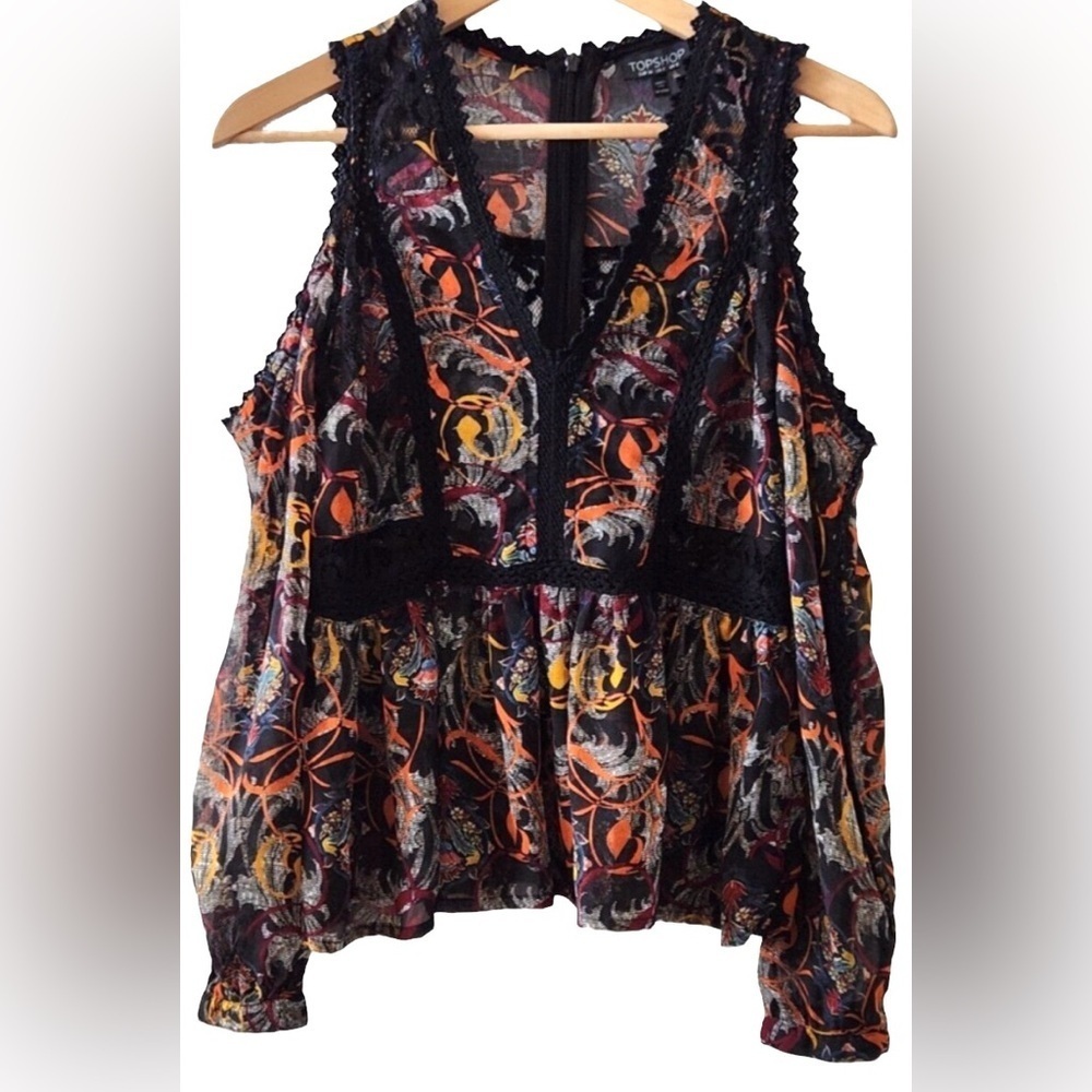 Topshop Cold-shoulder Lacey Sheer Floral Blouse Women’s Size 6